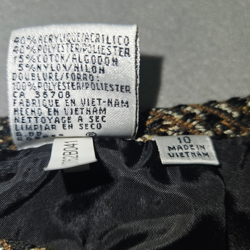 Le Suit VTG Style Tweed Blazer Skirt Set Brown Gold Plaid Sz 10 - Picture 13 of 14